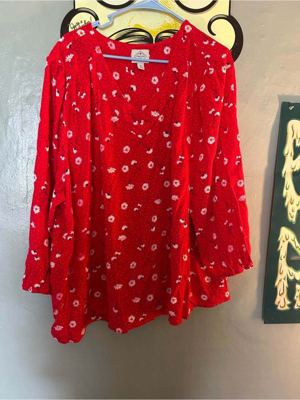 Red Floral V-Neck Women’s Blouse — Lightweight Long Sleeve